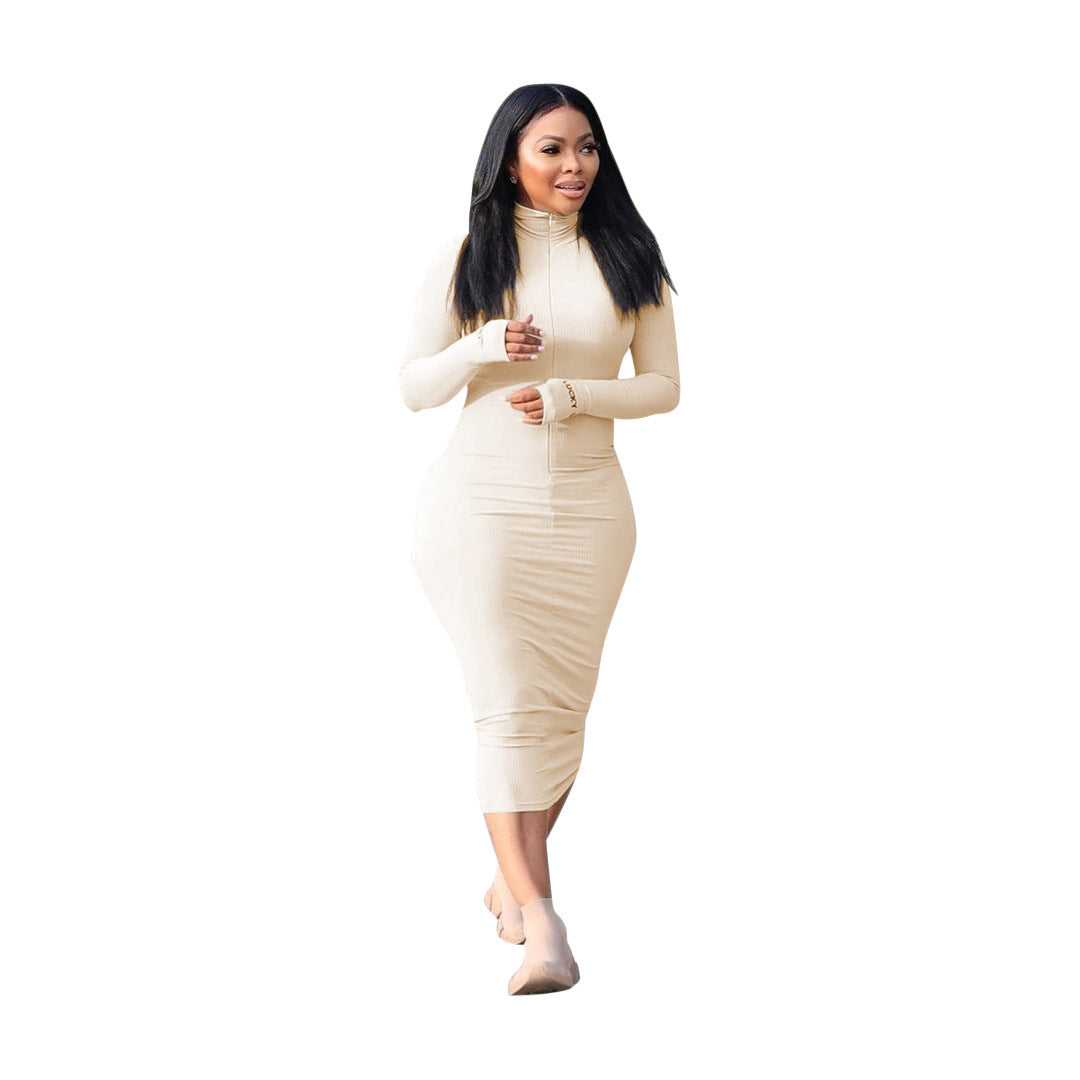 Casual Fashion Sunken Stripe Solid Color Letter Embroidery Long Sleeve Dress