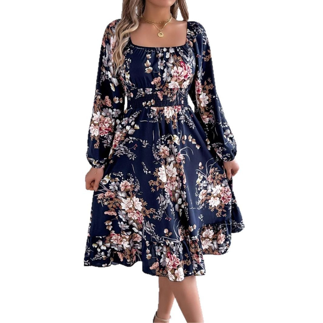 Elegant Flowers Square Collar Long Sleeve Waist Trimming Ruffles A- Line Skirt