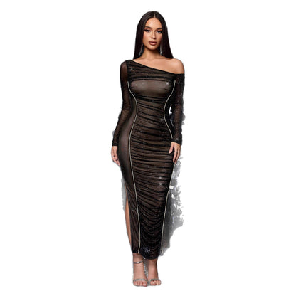 Sexy Long Sleeve Drape Slim-fit Oblique Shoulder Dress