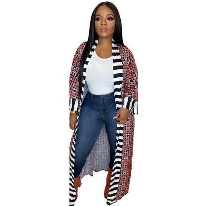 Women's Casual Fashion Striped Pattern Printed Long Sleeve Coat Dress