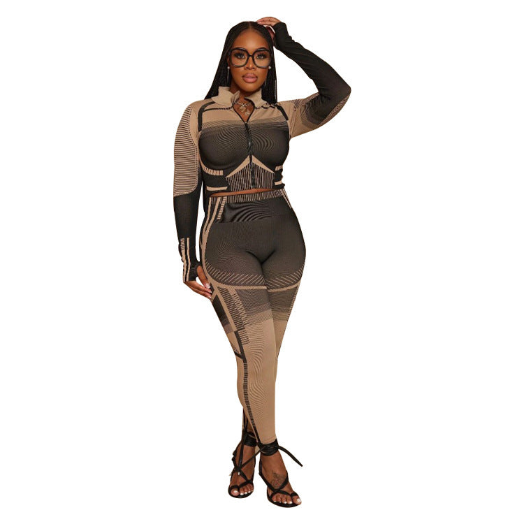 Women's Casual Fashion Striped Pattern Long Sleeve Trousers Suit