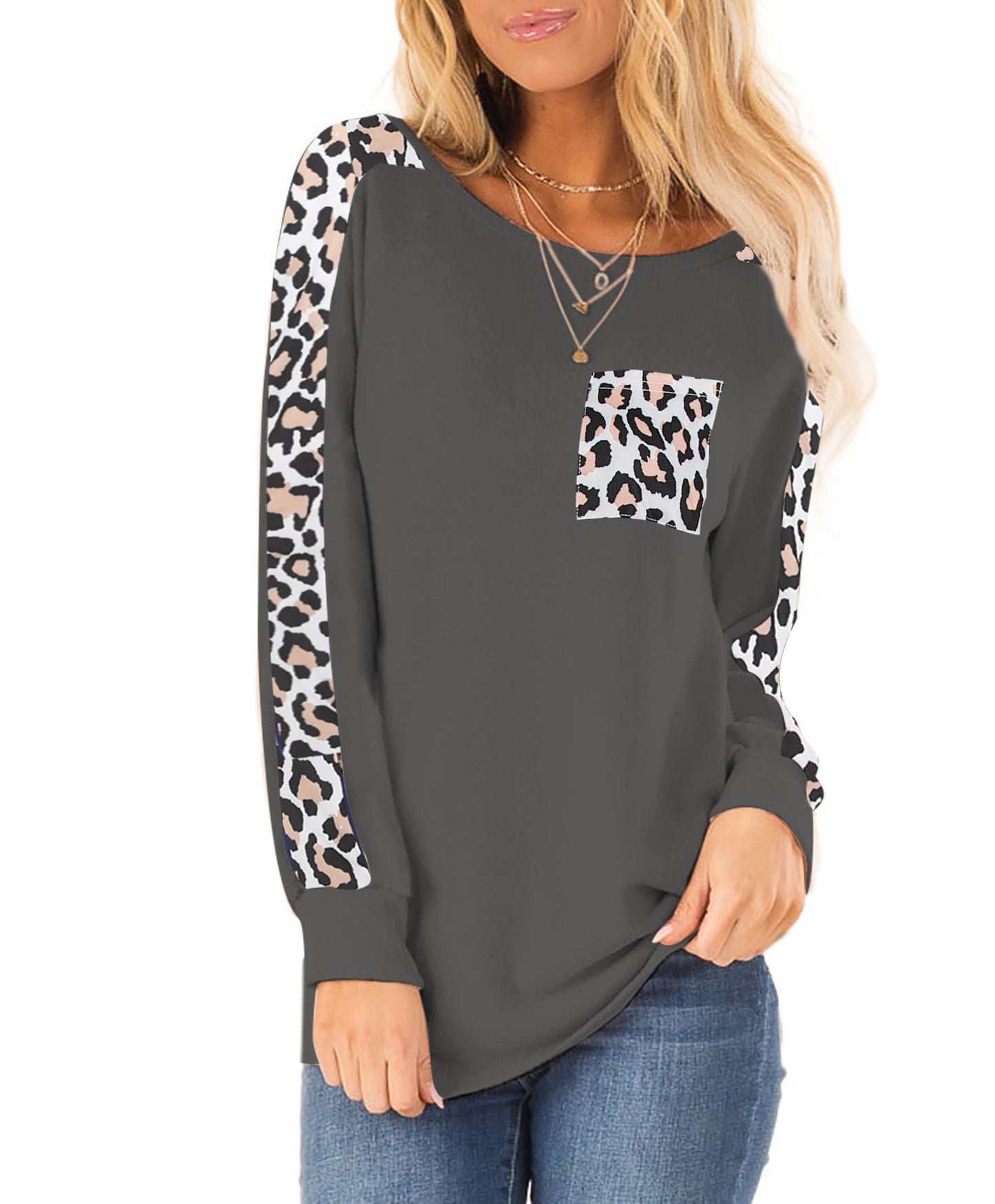 Long Sleeve Leopard Splicing Top Pocket Round Neck Pullover
