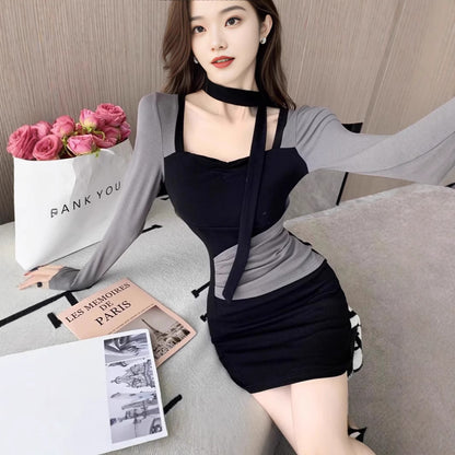 Pure Hot Girl Stitching Contrasting-color Dress Women's Slim Fit