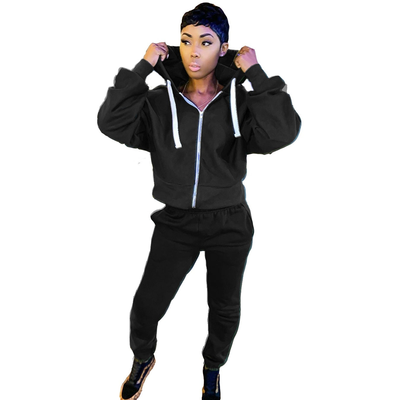 Women's Casual Solid Color Long-sleeved Trousers Two-piece Suit