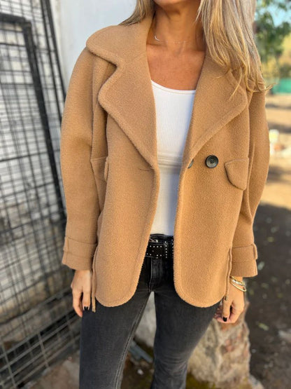 Women's Solid Color Casual Woolen Lapel Button Faux Pocket Coat