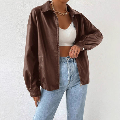 PU Leather Coat Retro Biker's Long Sleeve Zipper Lapel Jacket