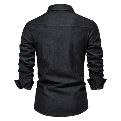 Men's Long-sleeved Denim Shirt Casual Solid Button Slim Tops Clothing