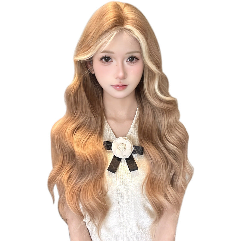 One-word Lace Long Curly Hair Natural Full-head Wig