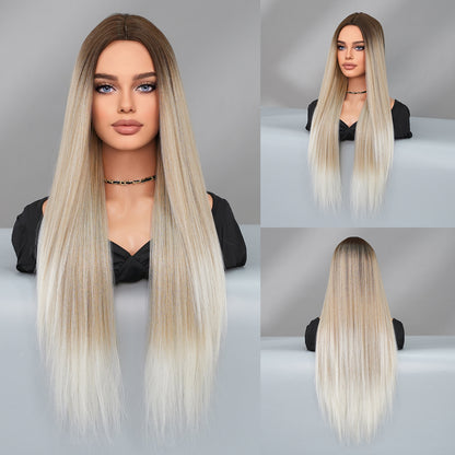 Super Long Medium Straight Hair Full-head Wig Natural Gold Gradient Chemical Fiber Wig