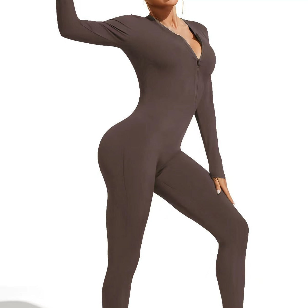 Women's Solid Color Zipper Slim Fit Yoga Bodysuit High Elastic Running Sport Long Sleeve One-piece Sportswear