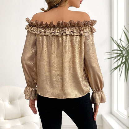 Off-shoulder Long Sleeve Golden Shirt For Women Autumn