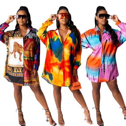 Women's Fashion Casual Contrast Color Pattern Printed Shirt Skirt Shorts Suit