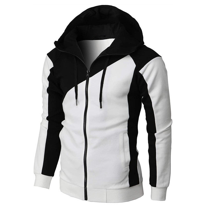 Autumn And Winter Contrast Color Zipper Coat Hooded Sweater Casual Fashion Long Sleeve Sports Men's Clothing