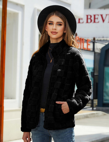 Loose Solid Color Plaid Plush Coat
