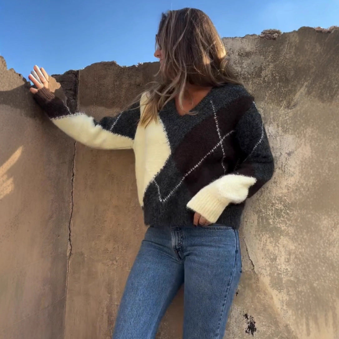 Women's All-match Plaid Printing Color Contrast Casual V-neck Long-sleeved Sweater