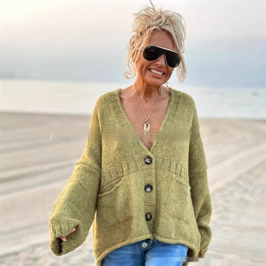 Cardigan Women Coat Long Sleeve V-neck Buttons Pocket