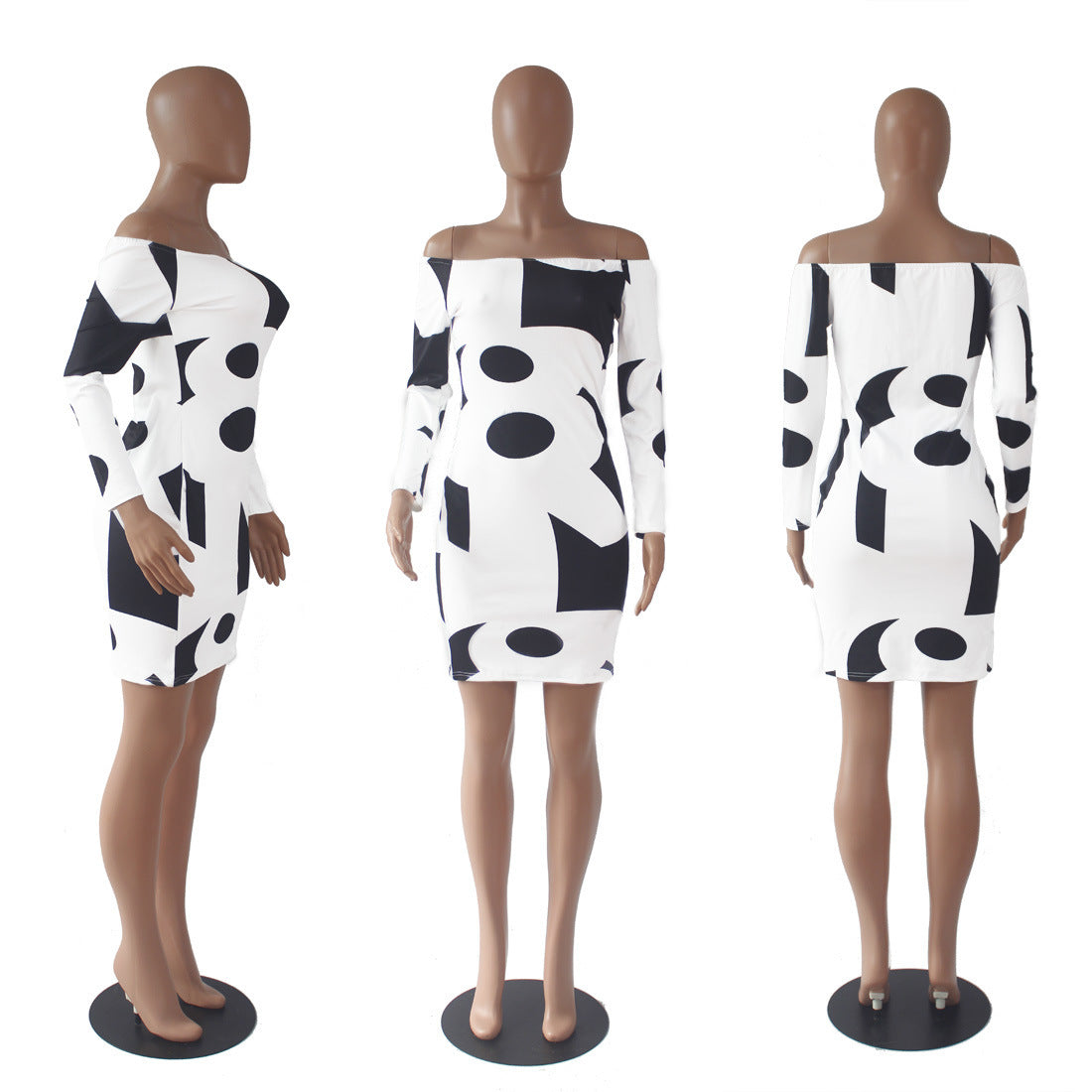 Long Sleeve Off-shoulder Geometric Print Dress