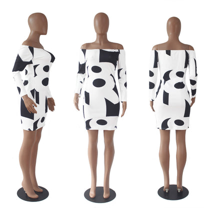 Long Sleeve Off-shoulder Geometric Print Dress