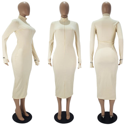 Casual Fashion Sunken Stripe Solid Color Letter Embroidery Long Sleeve Dress