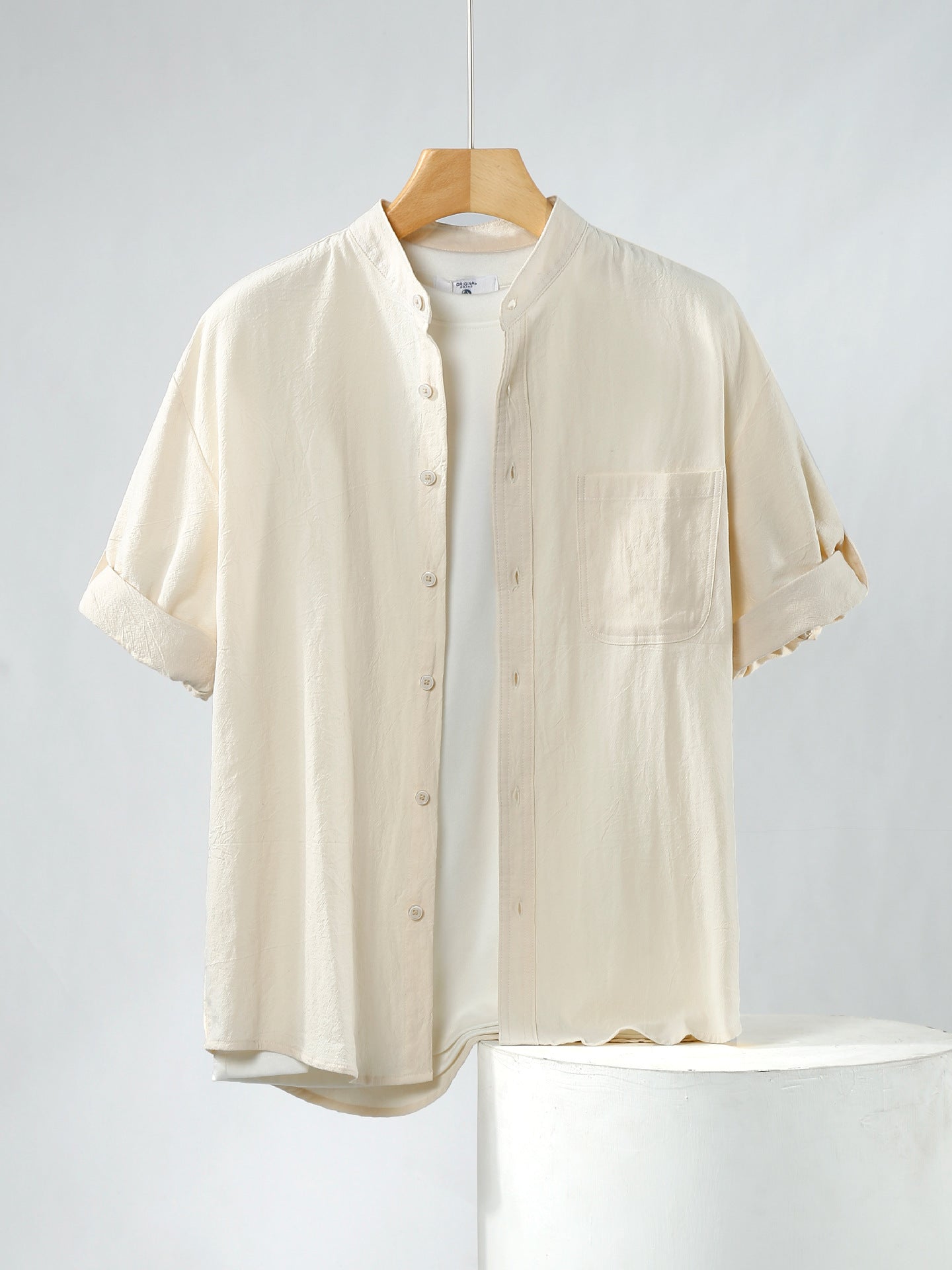 Linen Shirt Men's Short-sleeved Shirt Loose Men's Clothing Chinese Style Summer Cotton Linen Men's Solid Color Simple Stand Collar Top