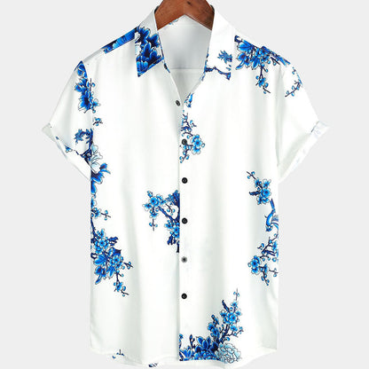 Summer New Men's Clothing Casual All-matching Fashion Trendy Printed Plant Pattern High Quality Short Sleeve Shirt