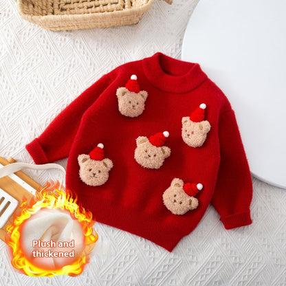 Christmas Red Round-neck Pullover Korean Velvet No Pilling Fleece-lined Kids' Sweater