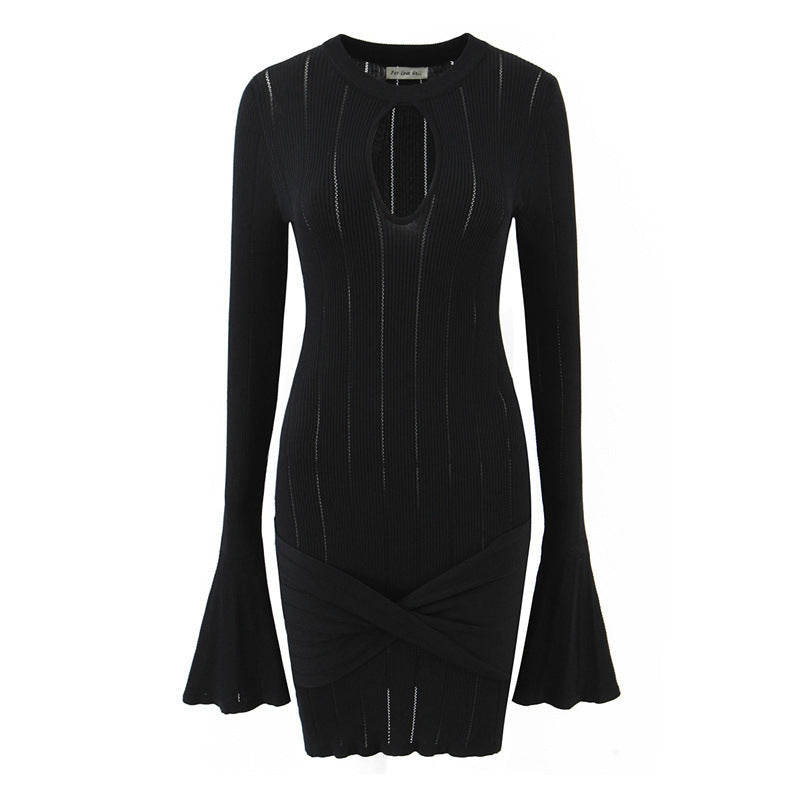 Female Solid Color Hollow Out Hip Bag Trumpet Sleeve Knitted Dress