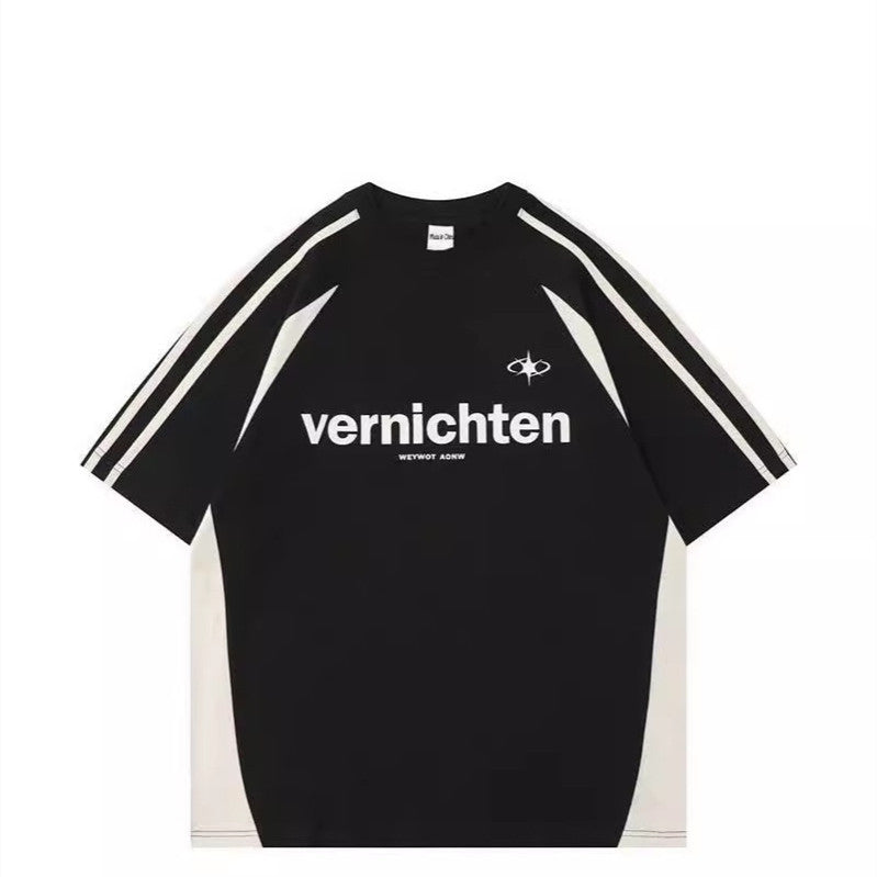 Cotton American Retro Patchwork Motorcycle Clothing Short Sleeve T-shirt