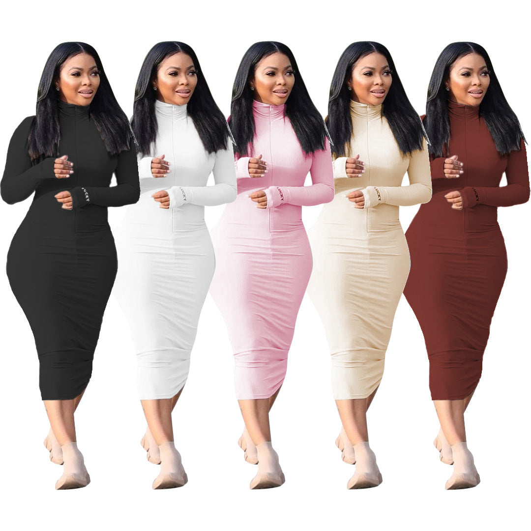 Casual Fashion Sunken Stripe Solid Color Letter Embroidery Long Sleeve Dress