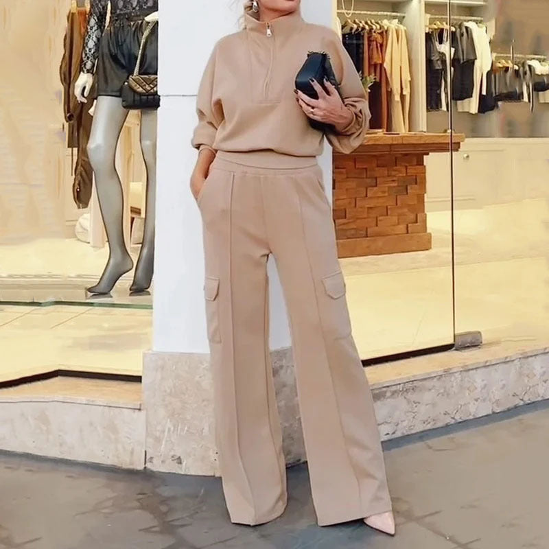 Women's Lapel Short Top High Waist Work Clothes Wide Leg Pants Two-piece Set