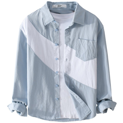 Men's Clothing Leather Stitching Long-sleeved Shirt