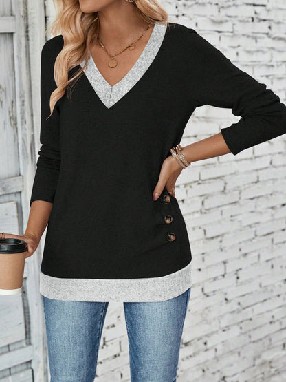 Long Sleeve V-neck Elegant Pleated Button Solid Color T-shirt Top