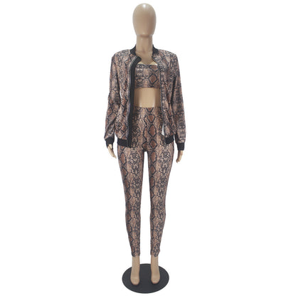 Women's Snake Print Long-sleeved Trousers Zipper Cardigan Three-piece Set