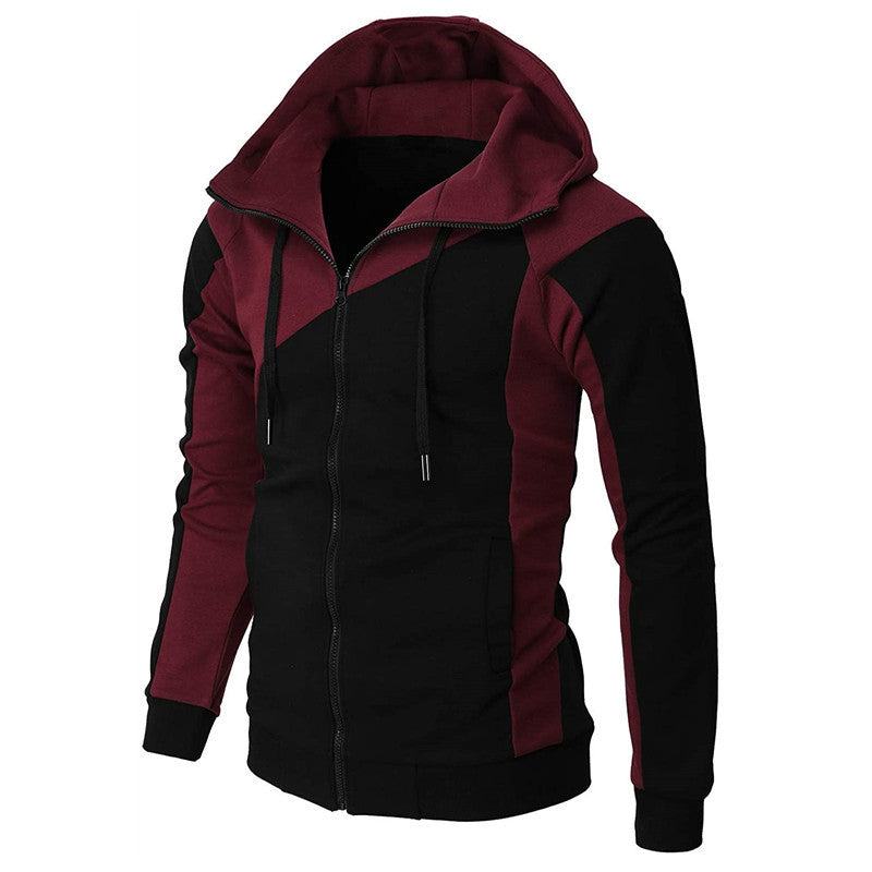 Autumn And Winter Contrast Color Zipper Coat Hooded Sweater Casual Fashion Long Sleeve Sports Men's Clothing