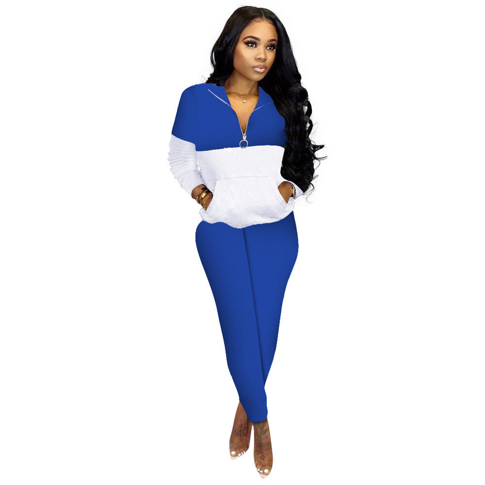 Women's Fashion Casual Solid Color Stitching Long-sleeved Trousers Two-piece Set