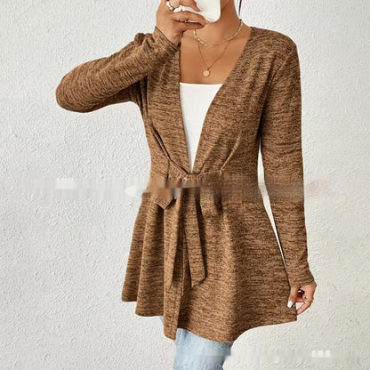 Solid Color Long Sleeve Lace Up Casual Loose Cardigan Top Women's Coat