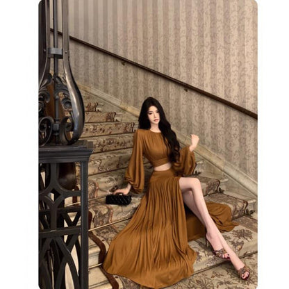 Batwing Sleeve Round Neck Top Pleating Split Skirt Suit