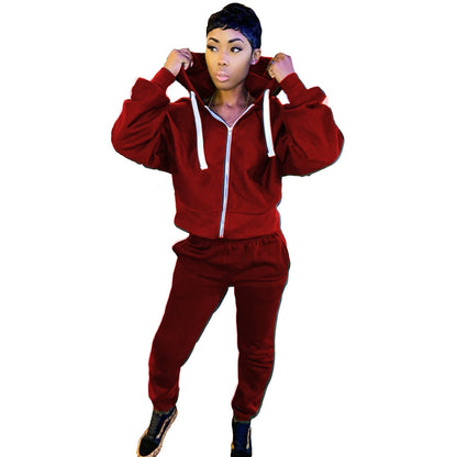 Women's Casual Solid Color Long-sleeved Trousers Two-piece Suit