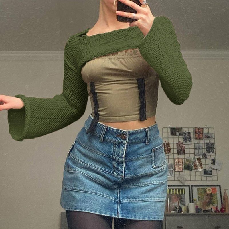 Knitwear Bell Sleeve Loose Round Neck Hollow Out Sweater