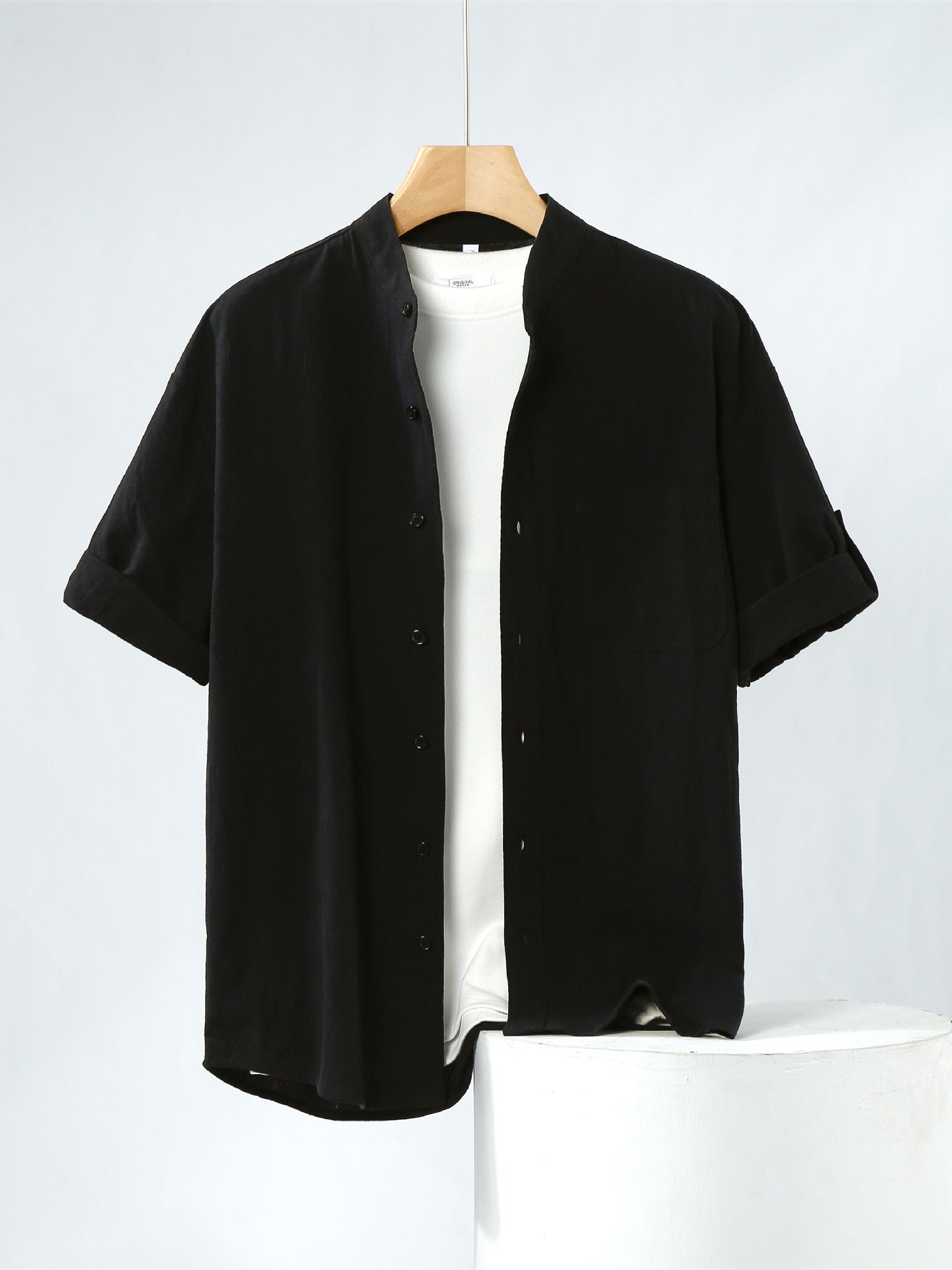 Linen Shirt Men's Short-sleeved Shirt Loose Men's Clothing Chinese Style Summer Cotton Linen Men's Solid Color Simple Stand Collar Top