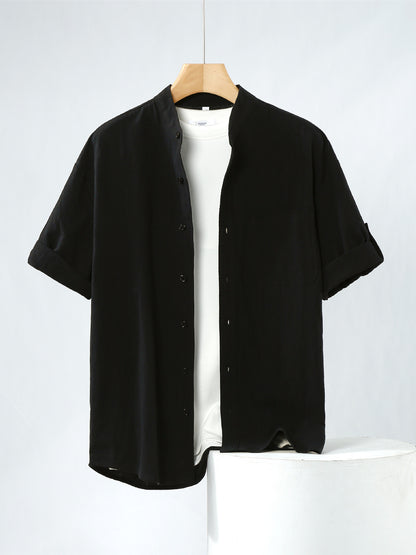 Linen Shirt Men's Short-sleeved Shirt Loose Men's Clothing Chinese Style Summer Cotton Linen Men's Solid Color Simple Stand Collar Top