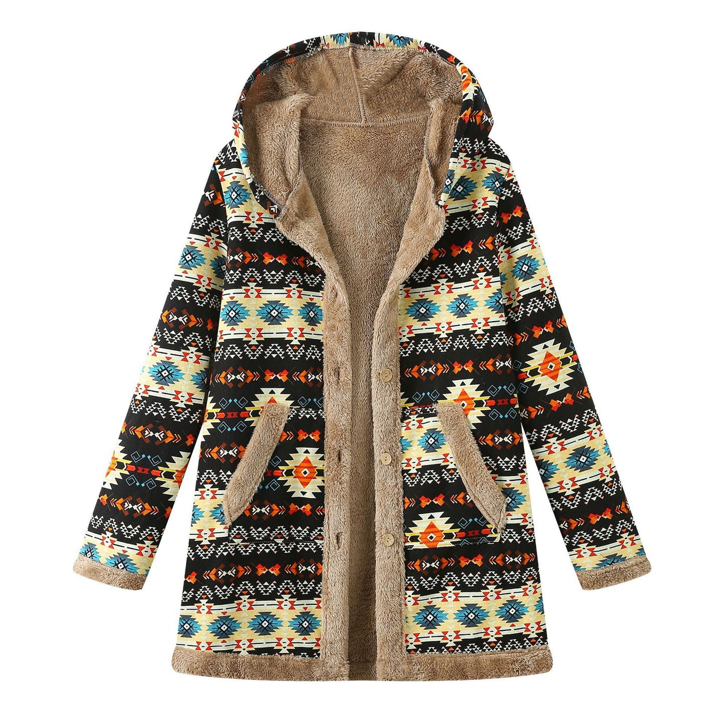 Printed Hooded Warm Plush Long Sleeve Coat