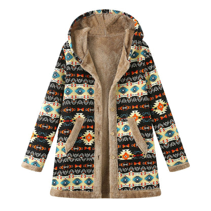 Printed Hooded Warm Plush Long Sleeve Coat