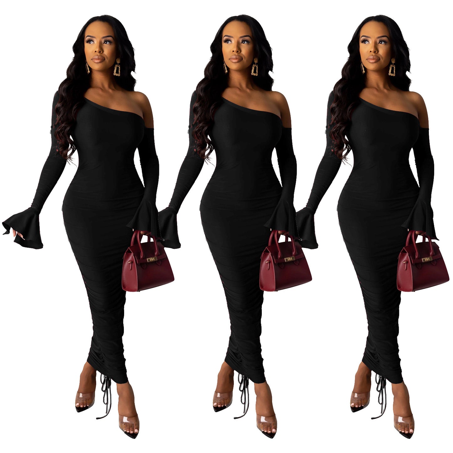 Women's Fashion Sexy Solid Color Flare Sleeve Off-shoulder Pleated Dress