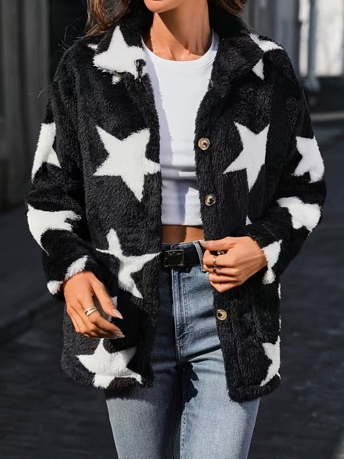 Women's Printed Double-sided Plush Casual Button Plush Coat