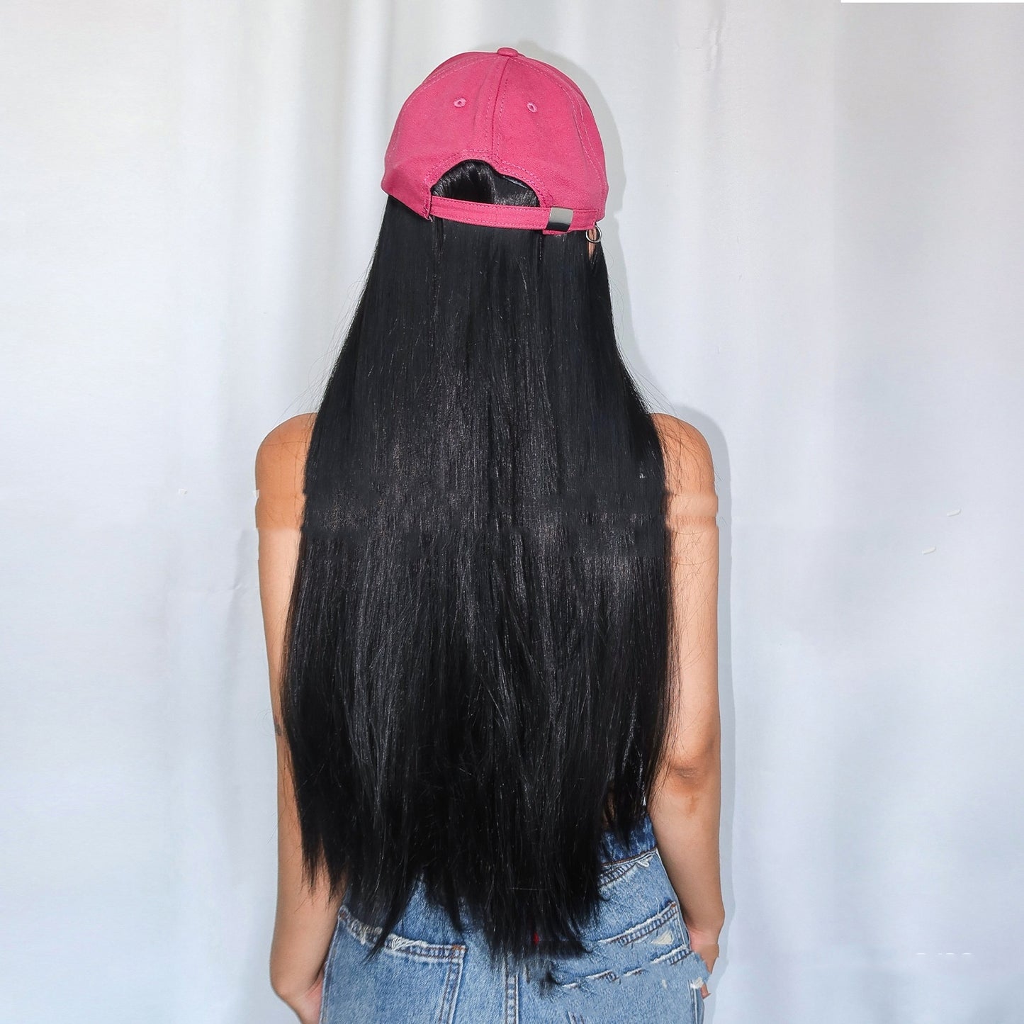 Long Black Straight Hair Hat Removable Natural High-temperature Fiber Wig