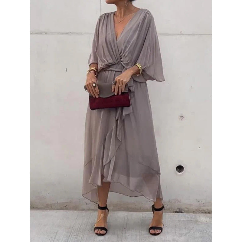 Pure Color Tied Long Dress Batwing Sleeve Irregular Dress Plus Size