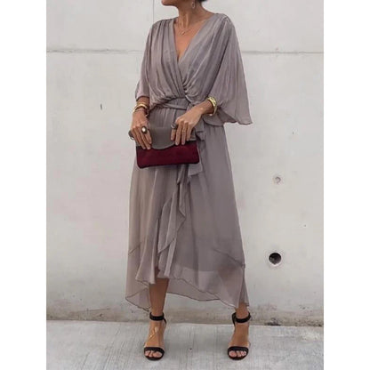 Pure Color Tied Long Dress Batwing Sleeve Irregular Dress Plus Size