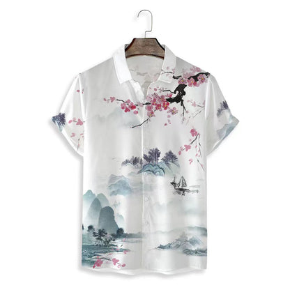 Summer New Men's Clothing Casual All-matching Fashion Trendy Printed Plant Pattern High Quality Short Sleeve Shirt