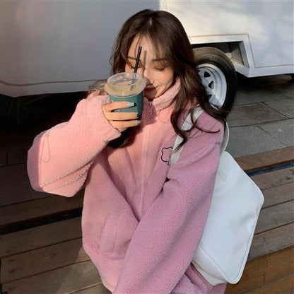 Loose Lapel Lamb Wool Coat For Women Thickened Western Style Cute Bear Plush Top